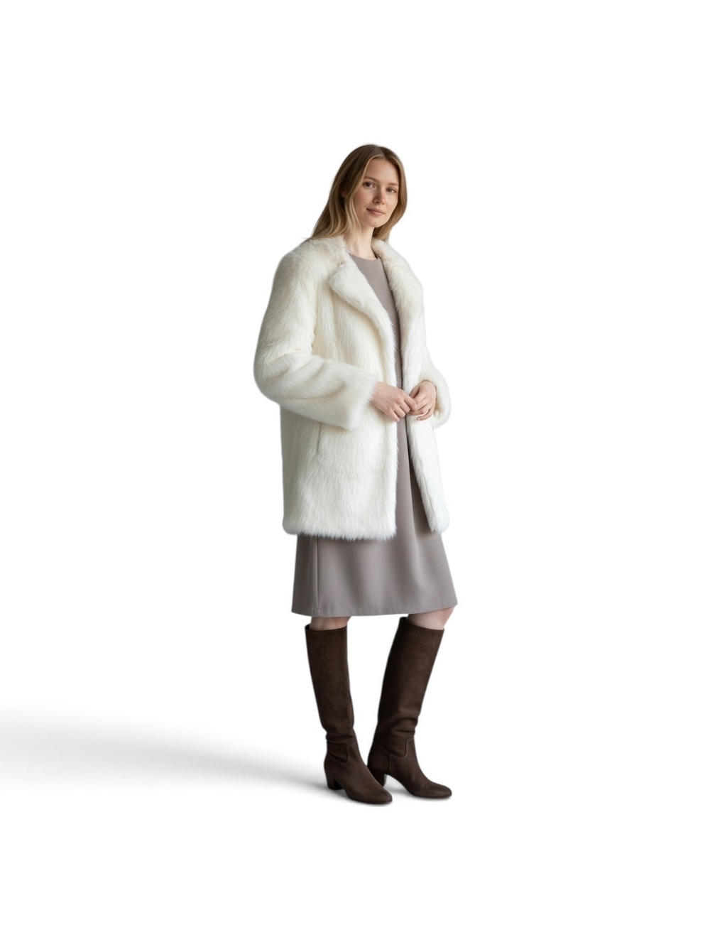 Women's White Faux Fur Trench Coat - Elegant Winter Wrap